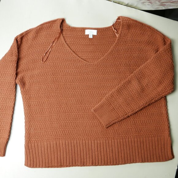 V Neck Rust Shaker Cropped Cotton Sweater - Picture 1 of 5